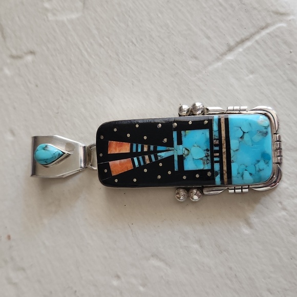 Amazing Handmade Native American Navajo Inlaid Pendant by Ray Jack 💙🖤🩵 - Picture 7 of 16